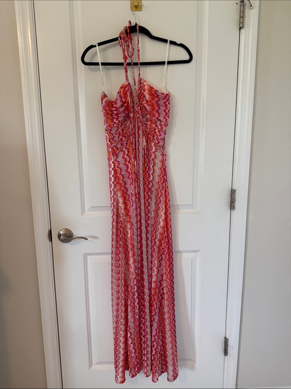 Sky Pink & Orange Zigzag Halter Maxi Dress